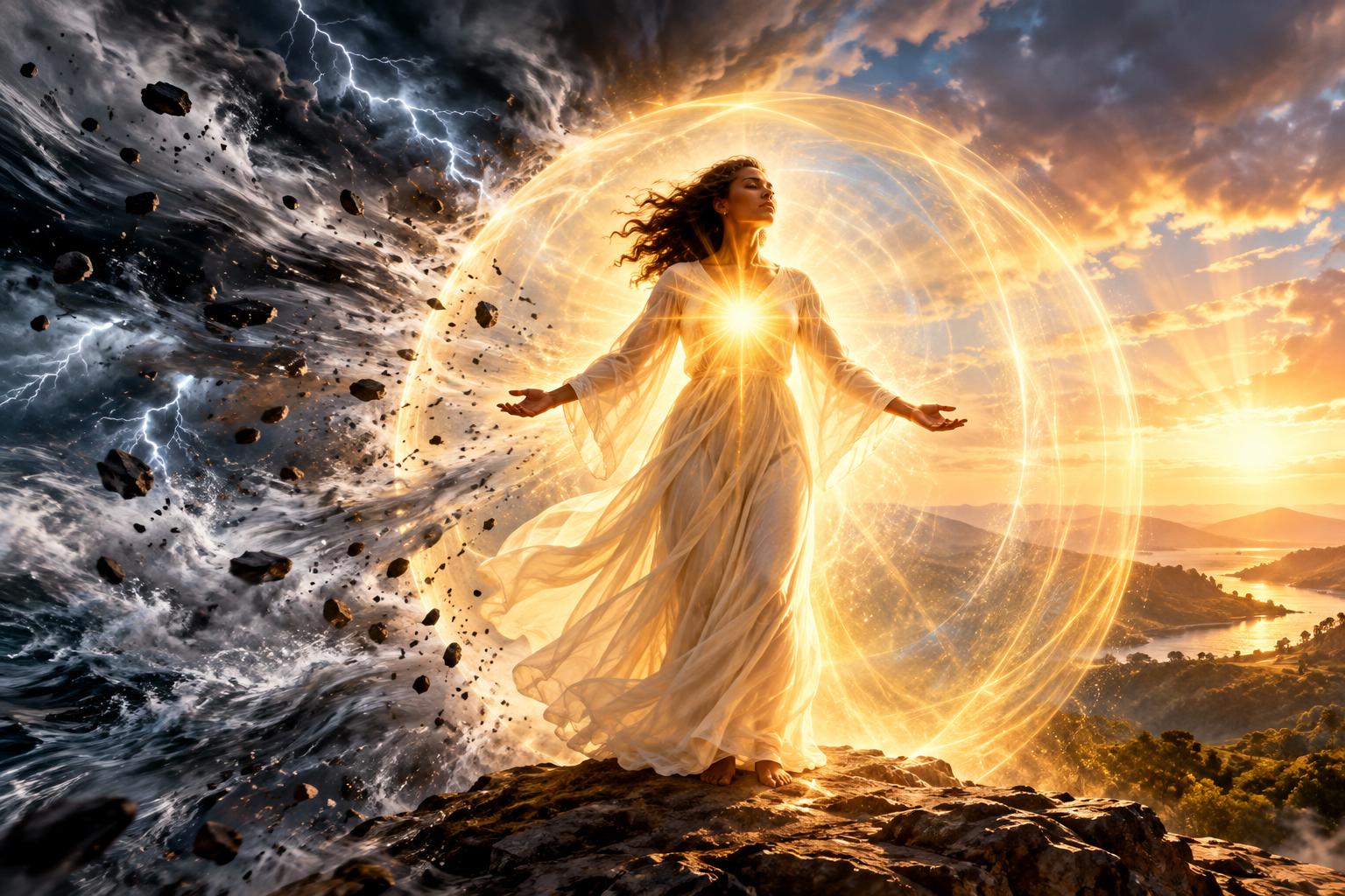 A woman standing in golden inner light as a dark storm gives way to sunrise