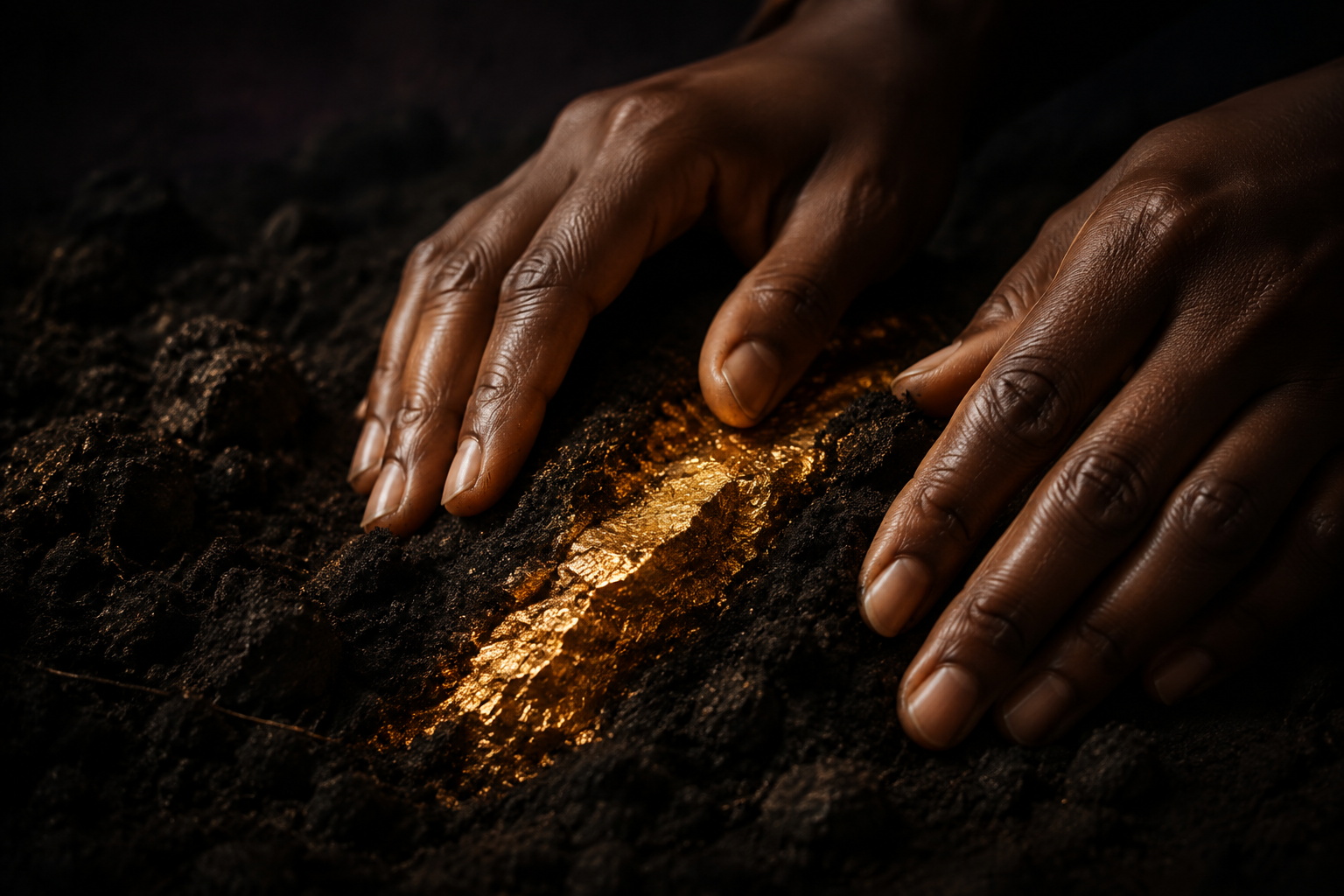Two hands uncovering a glowing vein of gold in dark earth